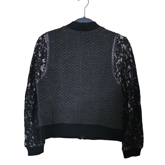 Rebecca Taylor Size 8 Black Quilted Lace Sleeve Bomber Jacket - Picture 3 of 7